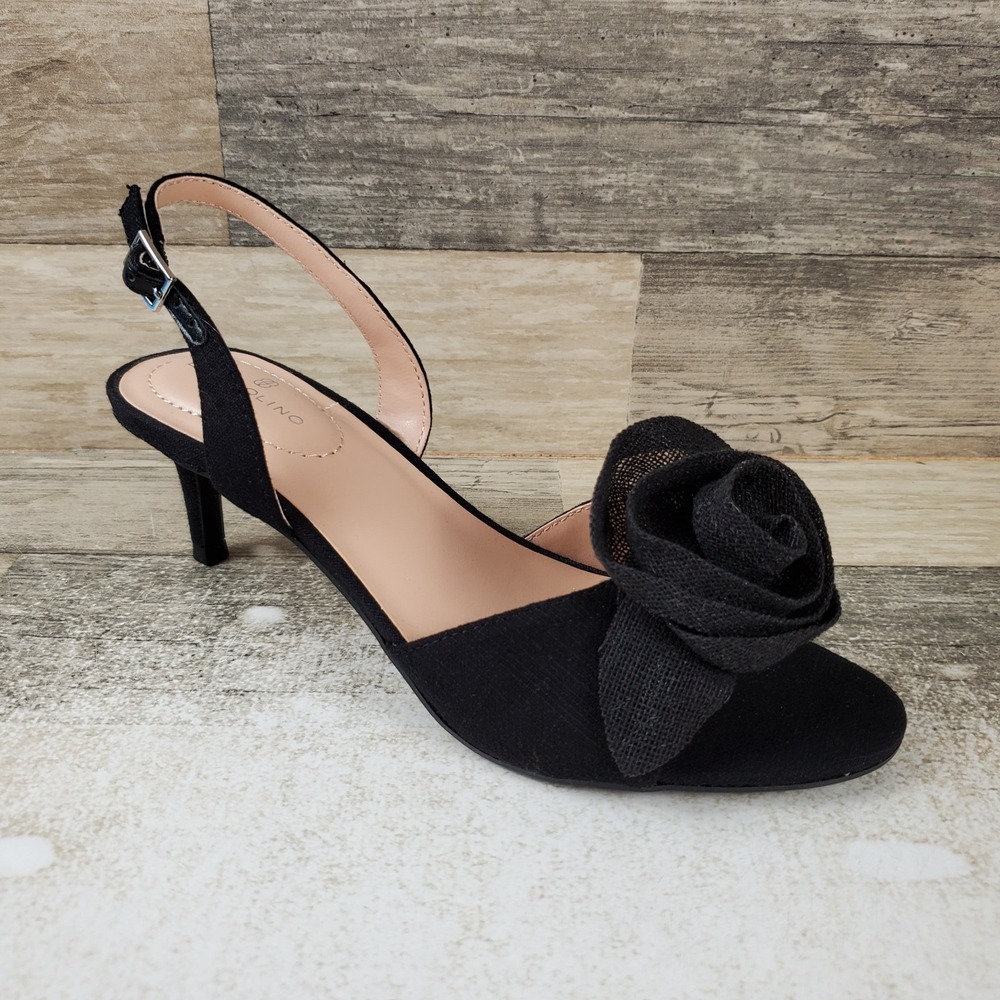Bandolino Marette Sandals Sz 7 M Black Flower Adjustable Slingback Stiletto Heel